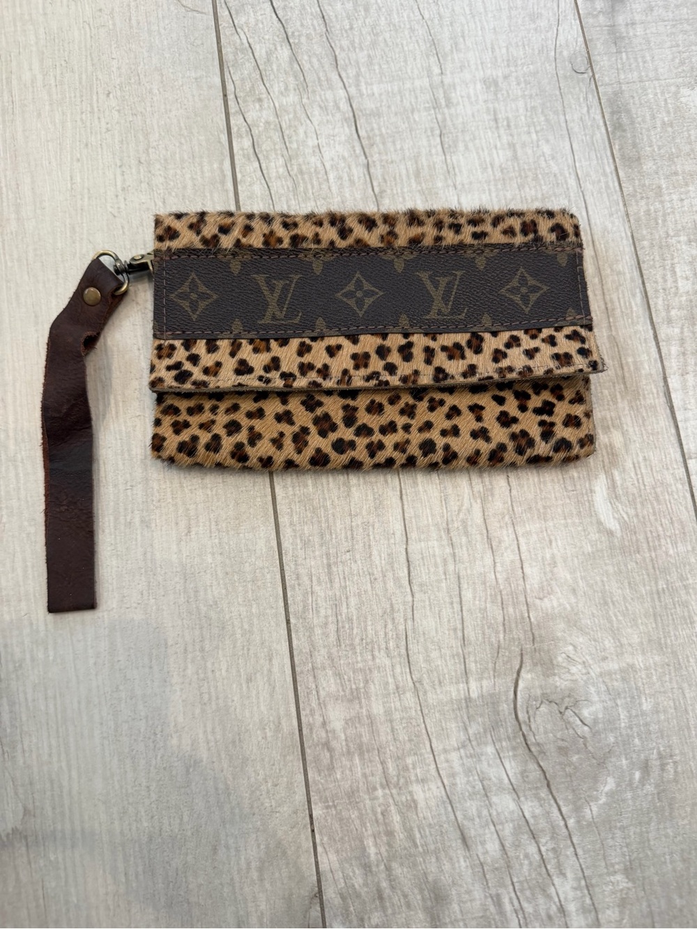 Upcycled Leopard Print Wristlet Clutch - Brown